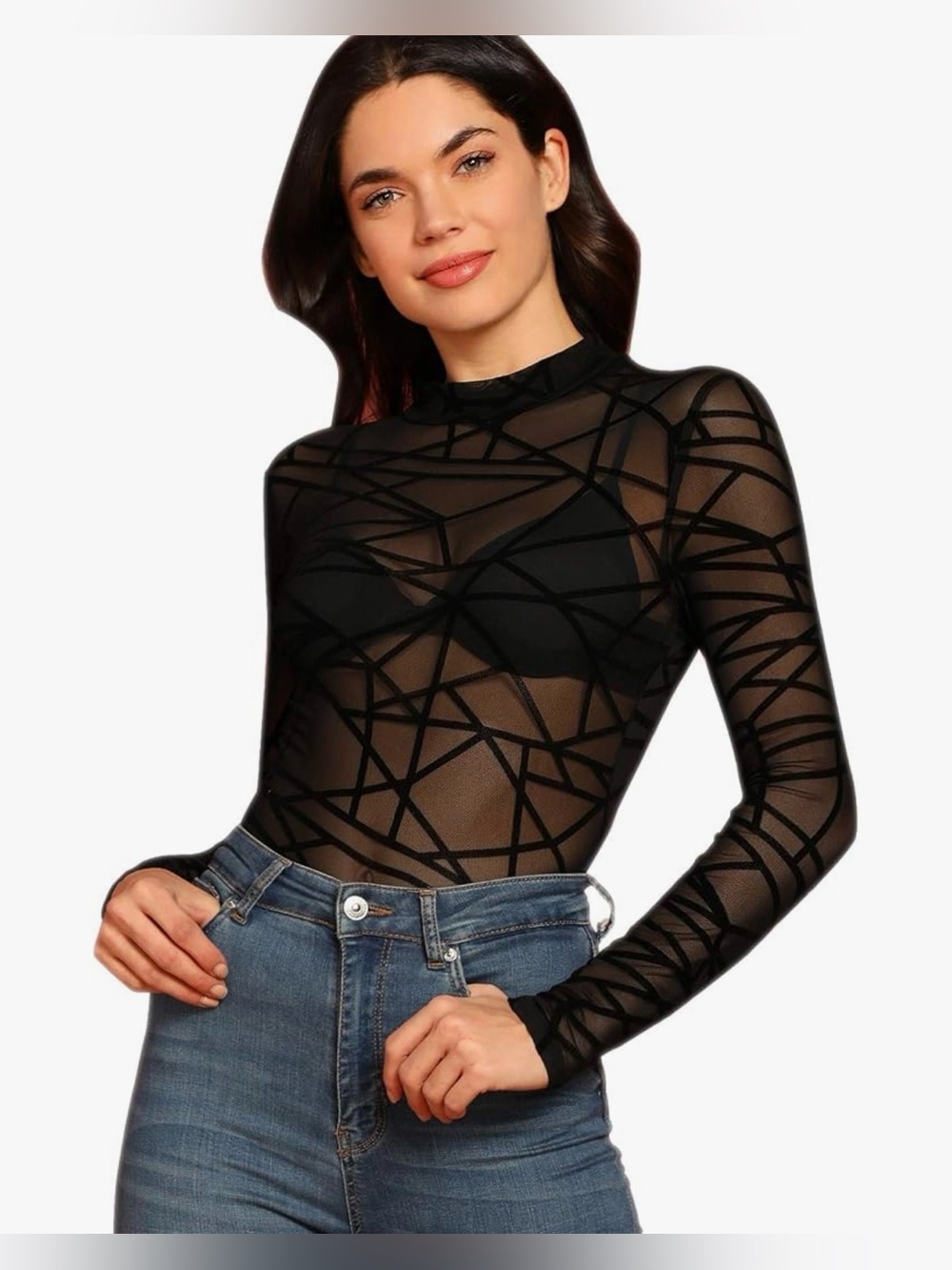 Women's Long Sleeve Mesh Sheer Shirt Bodysuit Black Size Large